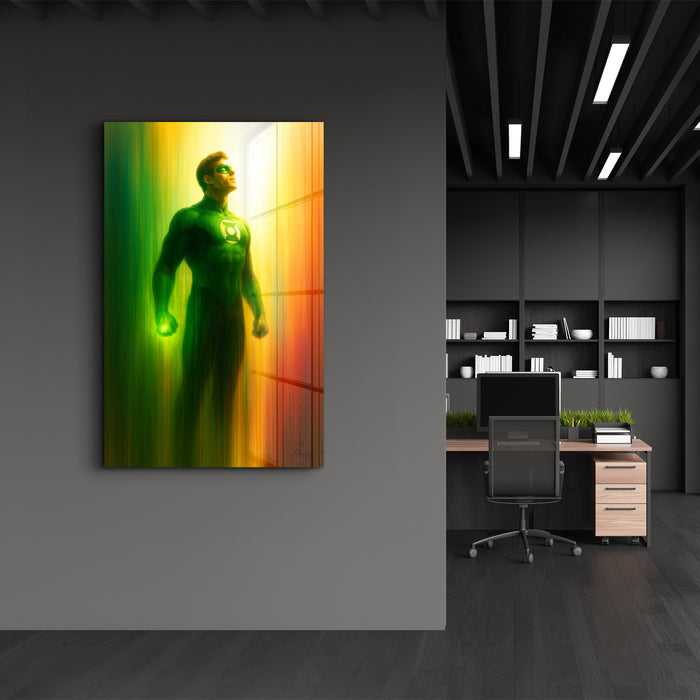 Green Guardian glass wall art by HMZ featuring vibrant green abstract design on clear glass, perfect for modern wall decor.