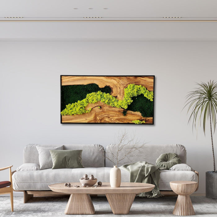 Handmade moss and olive wood wall art sculpture by Artdesigna, rectangular wood wall decor with natural textures and earthy tones.