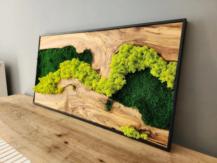 Handmade rectangular wood wall art with moss and olive tree design by Artdesigna, showcasing natural textures and earthy tones.