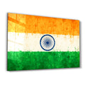 Glass wall art featuring India flag splash design by Artdesigna, 16x10 inches, vibrant and modern wall decor piece