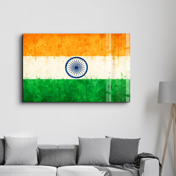 India Flag Splash glass wall art by Artdesigna featuring vibrant colors and a splash design on clear glass.