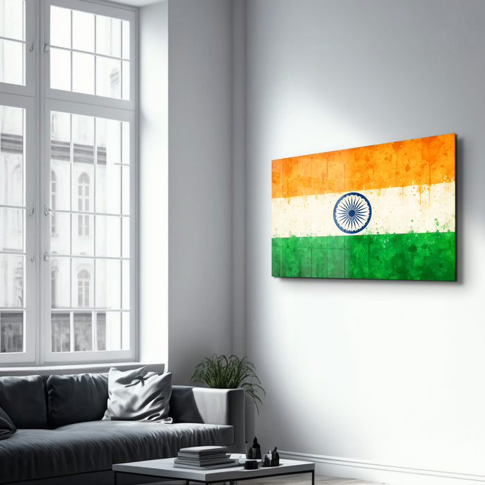 India Flag Splash glass wall art by Artdesigna, vibrant splash design on clear glass for wall decoration.