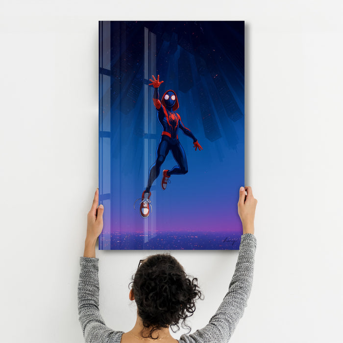 Glass wall art titled "Into the Webverse" by HMZ, featuring intricate glass design, displayed on a wall.