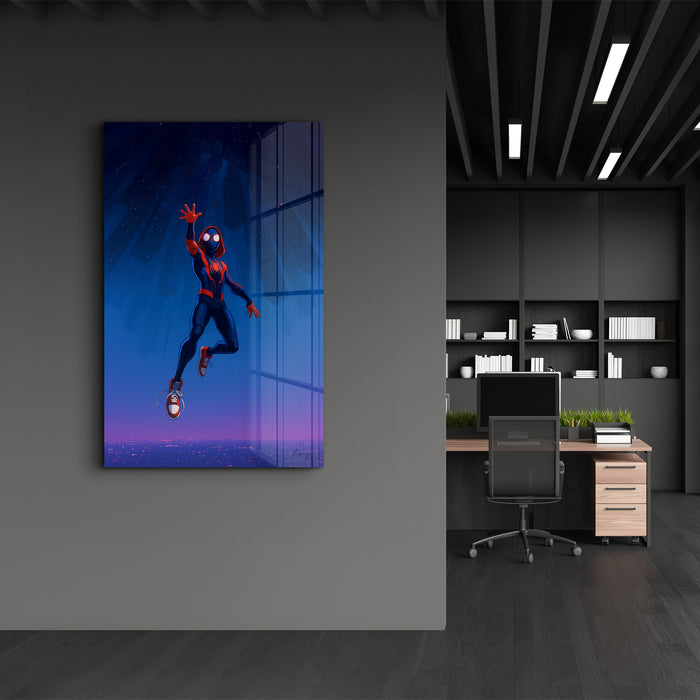 Glass wall art titled "Into the Webverse" by HMZ, featuring intricate glass design with vibrant colors, by Artdesigna.
