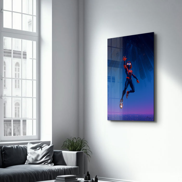 Glass wall art titled "Into the Webverse" by HMZ, featuring intricate glass design by Artdesigna, measuring 16x10 inches.
