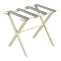 Ivory Straight Leg Wood Luggage Rack Pewter & Taupe Greek Key Straps - End of Bed - The Well Appointed House