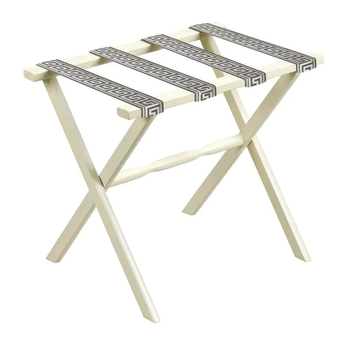 Ivory Straight Leg Wood Luggage Rack Pewter & Taupe Greek Key Straps - End of Bed - The Well Appointed House