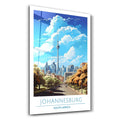 Glass wall art by Artdesigna featuring a Johannesburg South Africa travel poster, printed on clear glass wall decor.