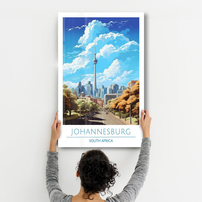 Glass wall art depicting Johannesburg South Africa travel posters by Artdesigna, showcasing vibrant cityscape imagery.