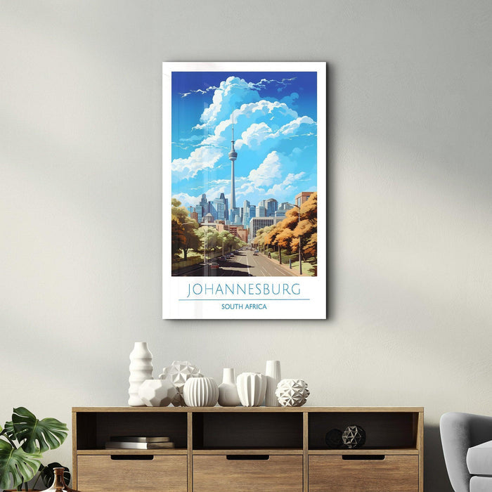 Glass wall art featuring Johannesburg South Africa travel posters by Artdesigna, showcasing a vibrant cityscape design.