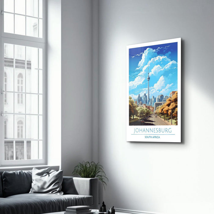 Glass wall art featuring Johannesburg South Africa travel posters by Artdesigna, showcasing vibrant cityscape imagery.