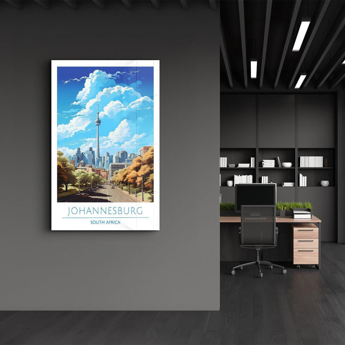 Johannesburg South Africa travel posters glass wall art by Artdesigna, featuring vibrant cityscape and iconic landmarks on glass panel.
