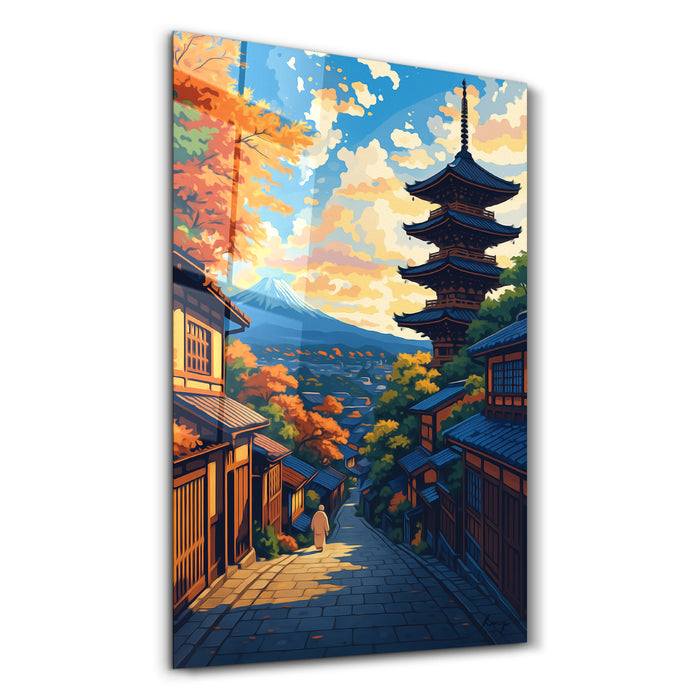 Glass wall art titled Kyoto Serenity by HMZ, featuring a serene scene with vibrant colors, designed by Artdesigna.
