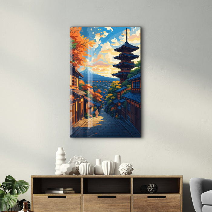Glass wall art titled Kyoto Serenity by HMZ, featuring a serene landscape scene in a sleek design for modern decor.