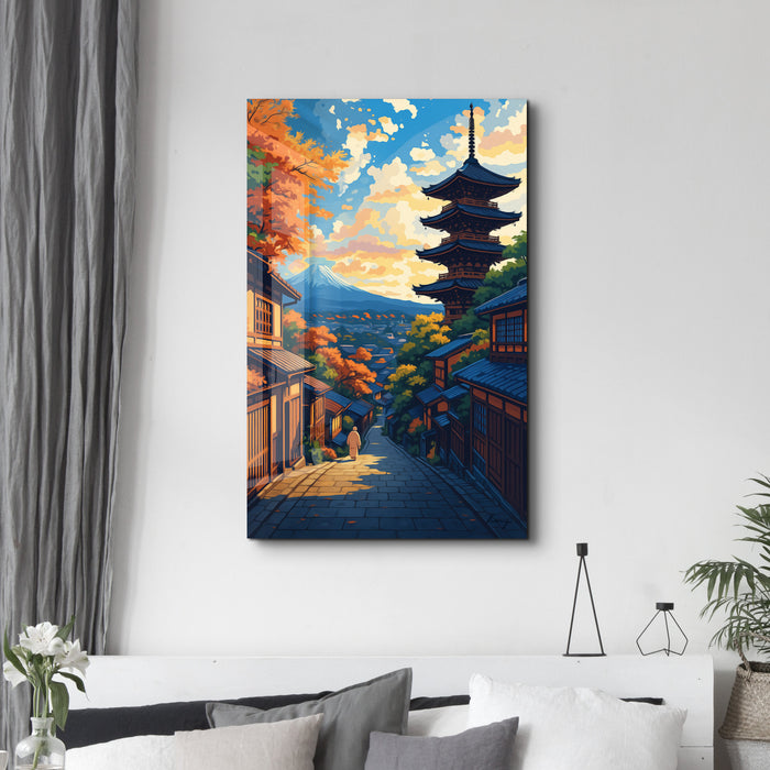 Kyoto Serenity glass wall art by HMZ featuring tranquil landscape scene in a sleek Artdesigna glass wall art design.