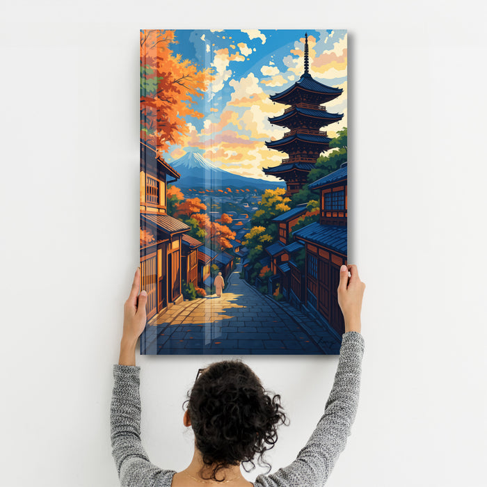 Kyoto Serenity glass wall art by HMZ featuring a tranquil nature scene, crafted by Artdesigna, 16x10 inches.