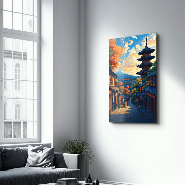 Kyoto Serenity glass wall art by HMZ, featuring a tranquil design with intricate patterns, suitable for modern interior decor.