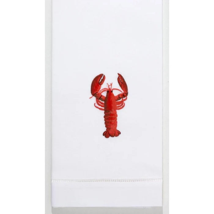 Set of 2 Lobster Design Hand Embroidered White Cotton Hand Towels - Hand Towels - The Well Appointed House