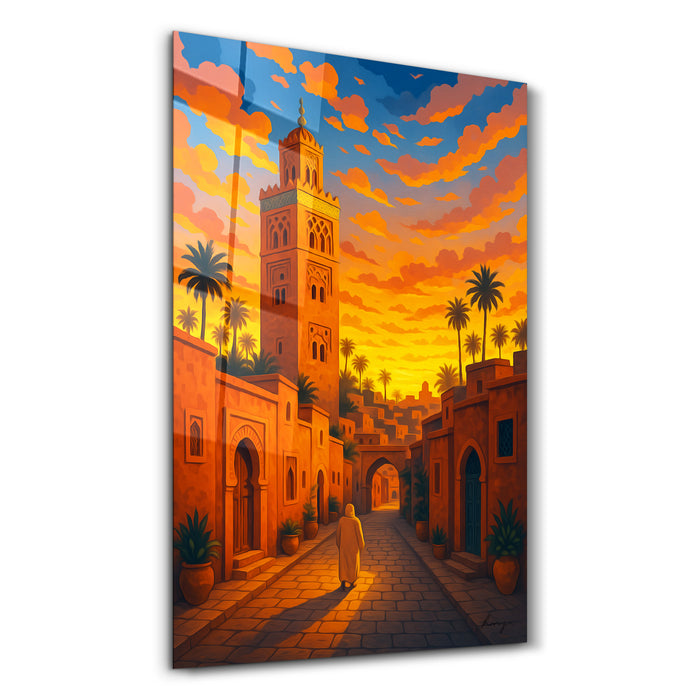 Marrakech Sunset glass wall art by HMZ, featuring vibrant sunset scene with warm tones, perfect for modern home decor.