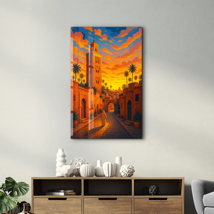 Glass wall art featuring a vibrant Marrakech sunset design by HMZ, displayed on a wall in a modern interior.