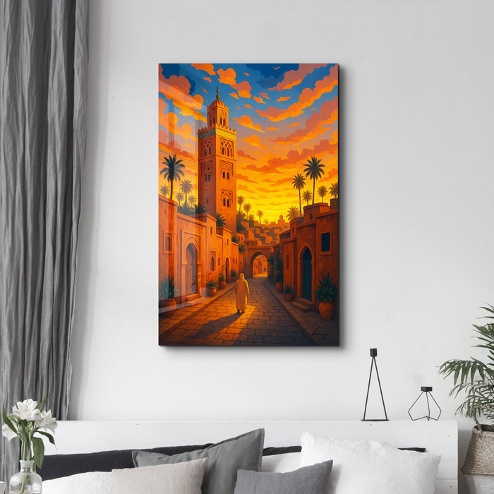 Glass wall art featuring a Marrakech sunset by HMZ, with vibrant colors and intricate design, displayed on a wall.