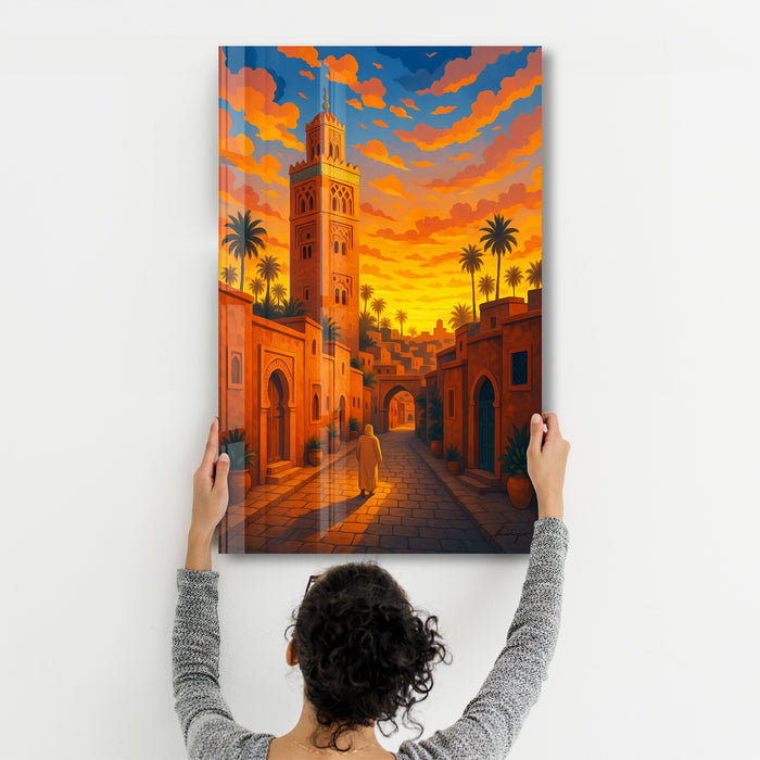 Glass wall art featuring a Marrakech sunset scene by HMZ, with vibrant colors and intricate design, from Artdesigna.