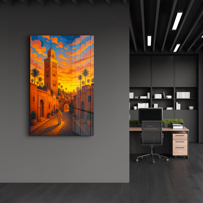Marrakech Sunset glass wall art by HMZ featuring vibrant sunset colors on clear glass with artistic design, by Artdesigna.
