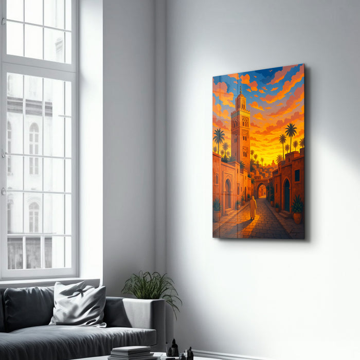 Glass wall art by Artdesigna featuring a vibrant Marrakech sunset scene, 16x10 inches, suitable for modern interior decor.