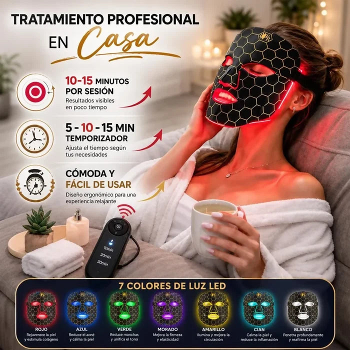 MASCARILLA LED FACIAL 7 COLORES TERAPIA DE LUZ ANTIEDAD, REAFIRMANTE Y ANTIACNÉ USO PROFESIONAL