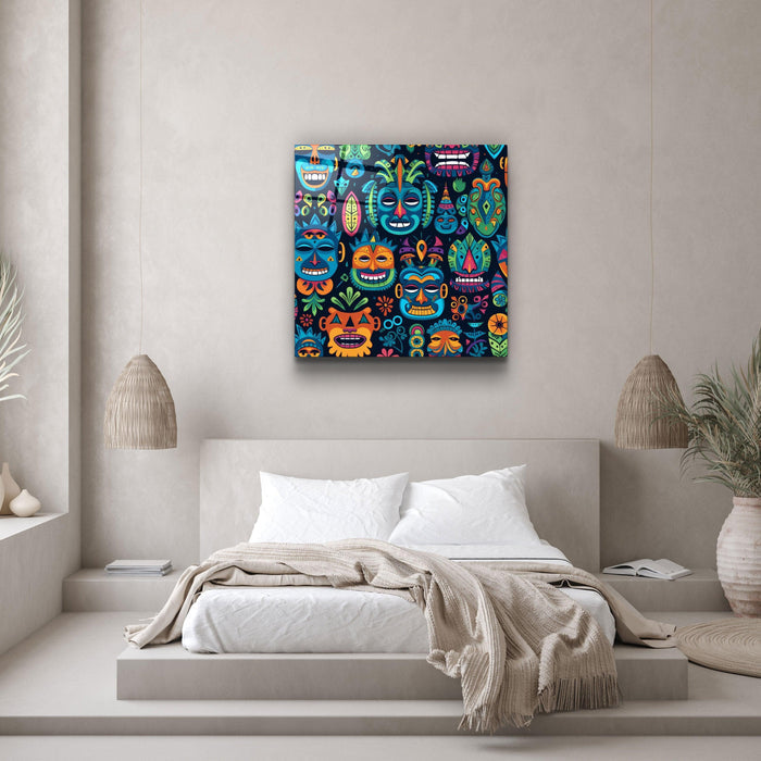 Artdesigna glass wall art mask design featuring intricate patterns and vibrant colors, suitable for modern home decor.