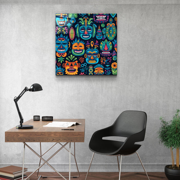 Glass wall art mask design by Artdesigna featuring intricate patterns on clear glass surface.