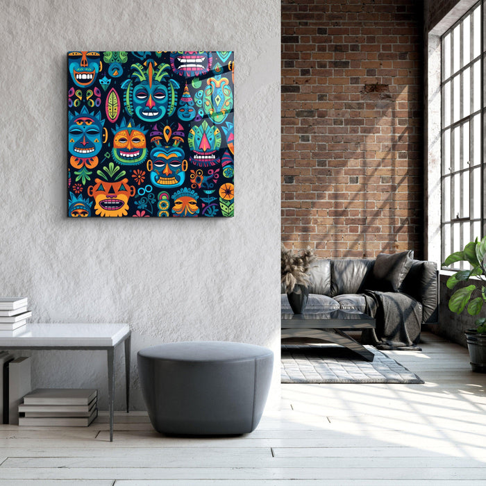 Colorful glass wall art mask design by Artdesigna, featuring vibrant, abstract glass pieces arranged in a striking wall decor piece.