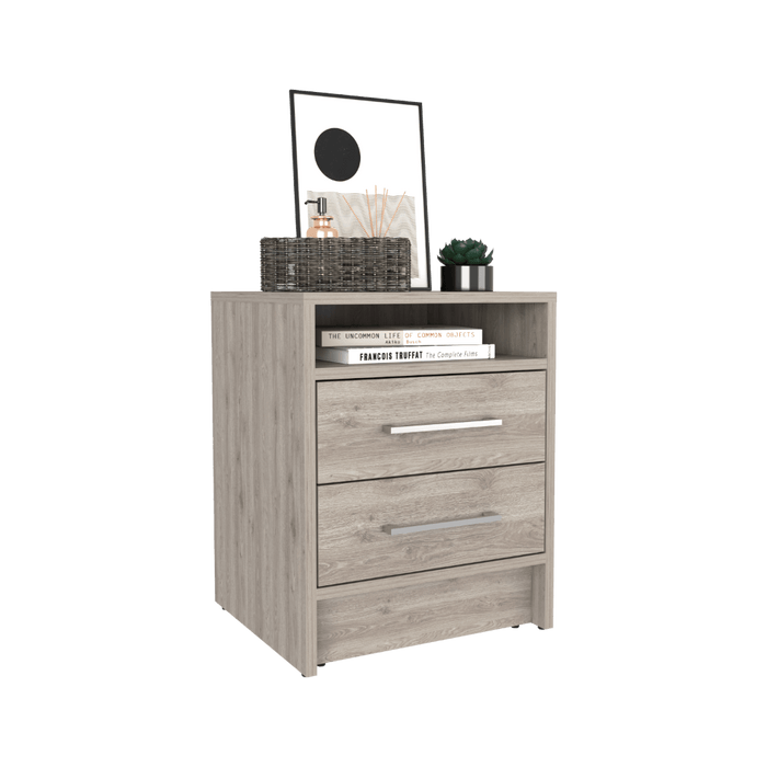 MESA DE NOCHE BRAIL, HUMO, CON ESPACIO PARA COLOCAR OBJETOS DECORATIVOS ZF