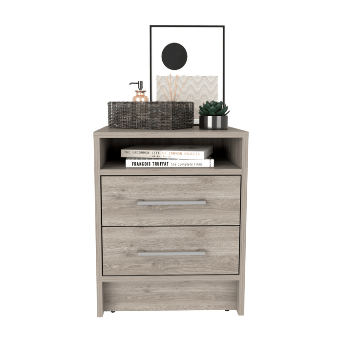 MESA DE NOCHE BRAIL, HUMO, CON ESPACIO PARA COLOCAR OBJETOS DECORATIVOS ZF