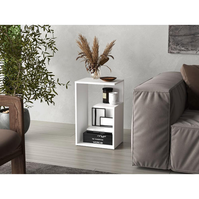 Mesa de Noche Evert, Blanco Duqueza, con diseño moderno y espacio para ubicar objetos