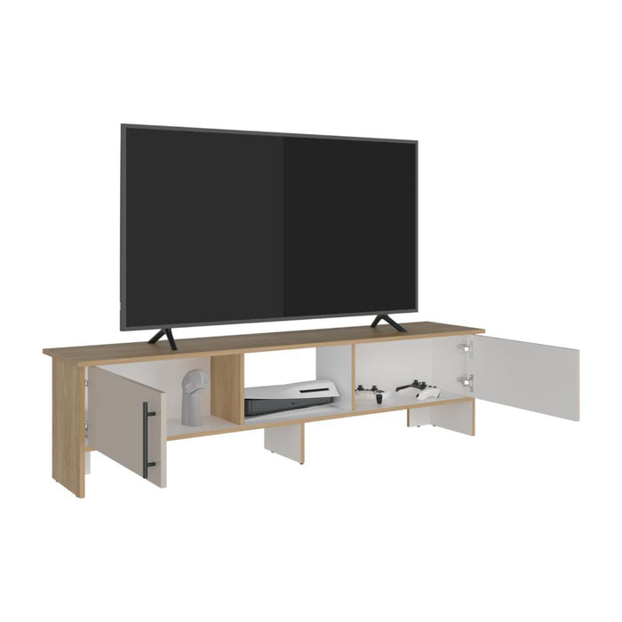 Mesa Para Tv Dago, Fresno Europeo y Blanco, Para Televisor de Hasta 65 Pulgadas con dos puertas