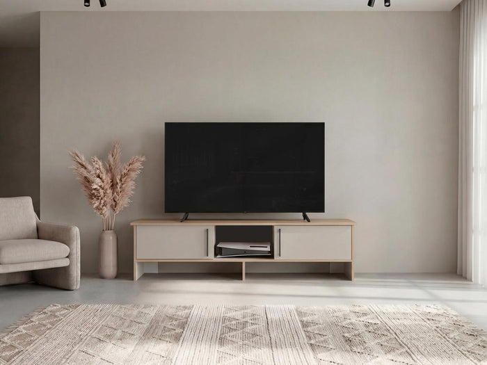 Mesa Para Tv Dago, Fresno Europeo y Blanco, Para Televisor de Hasta 65 Pulgadas con dos puertas