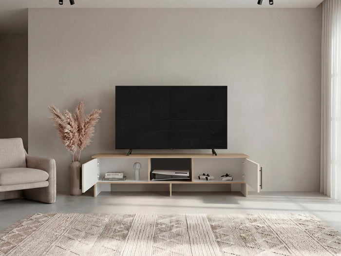 Mesa Para Tv Dago, Fresno Europeo y Blanco, Para Televisor de Hasta 65 Pulgadas con dos puertas