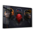 Colorful Monkeys Gang glass wall art by Artdesigna featuring vibrant monkey illustrations on clear glass background.