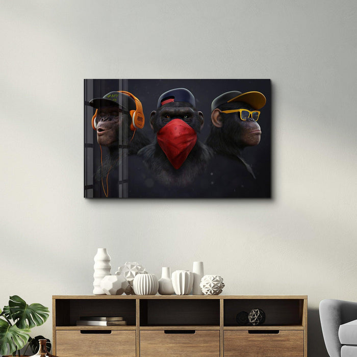 Colorful glass wall art featuring playful monkeys design by Artdesigna, perfect for modern home decor.