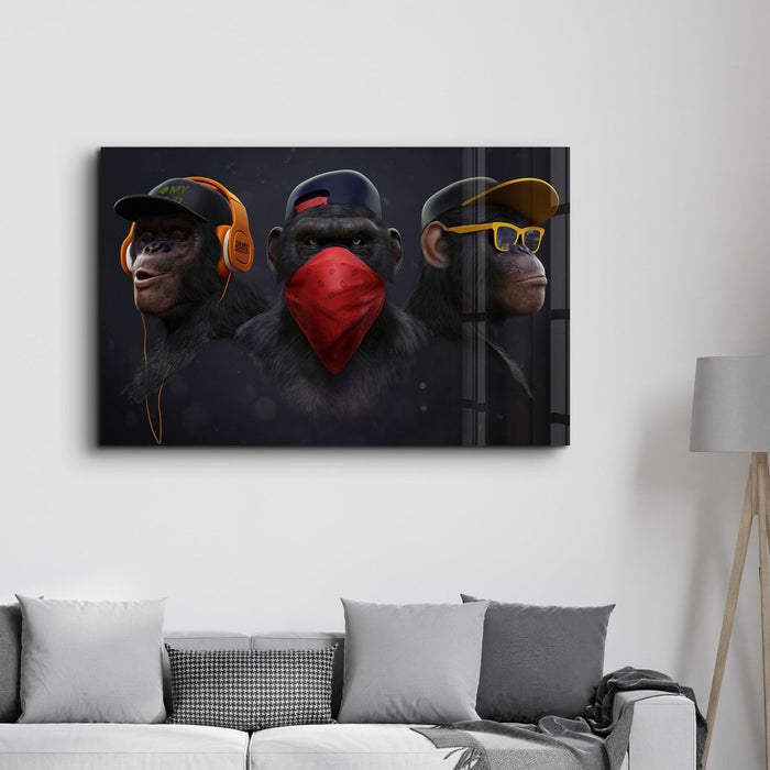 Colorful glass wall art featuring playful monkeys gang design by Artdesigna, mounted on a transparent background.
