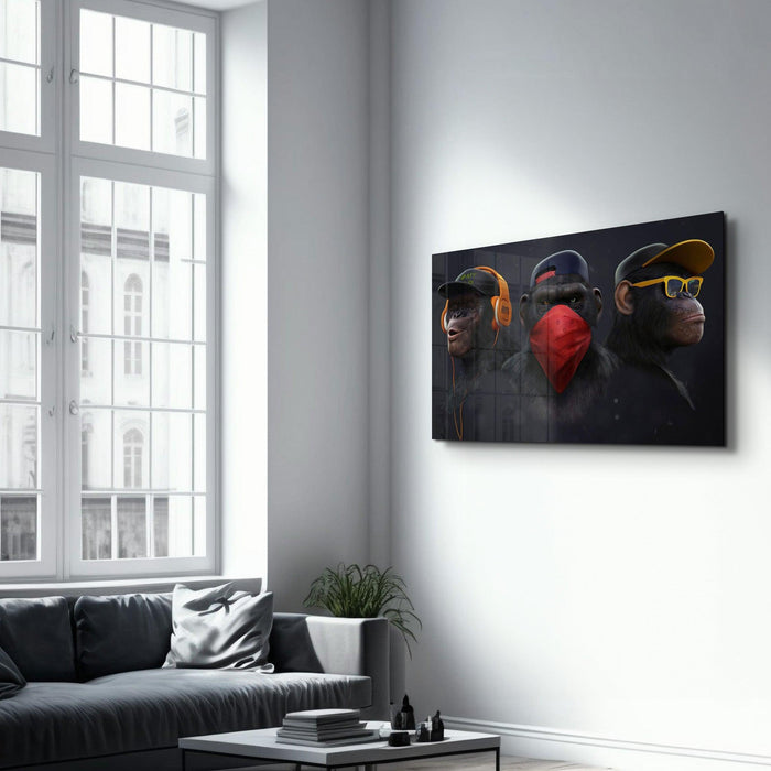 Colorful Monkeys Gang glass wall art by Artdesigna featuring playful monkey illustrations on a clear glass panel.