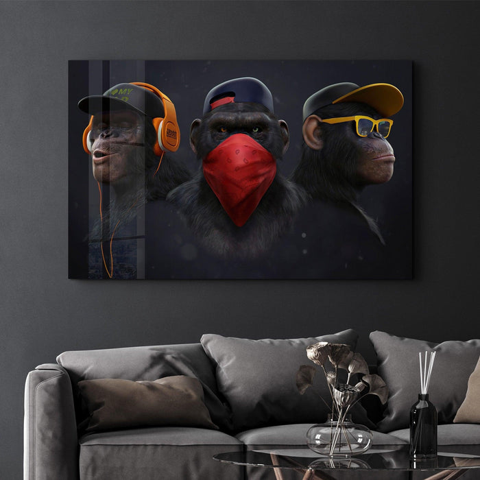 Colorful glass wall art featuring playful monkeys design by Artdesigna, suitable for modern home decor.
