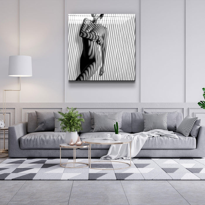 Glass wall art featuring abstract shadow designs from Artdesigna's Naked Shadows V2 collection, displayed on a clear glass panel.