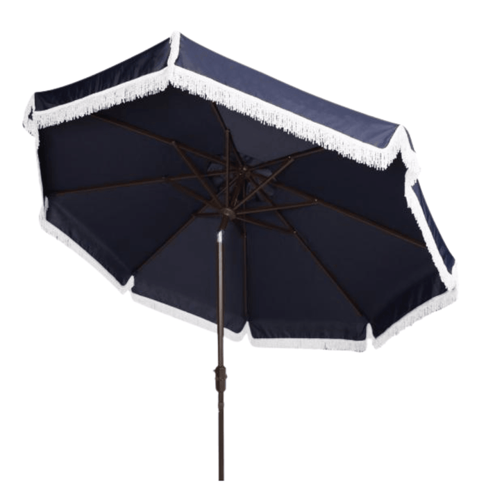 Navy Outdoor Crank Umbrella With White Fringe - Outdoor Umbrellas - The Well Appointed House