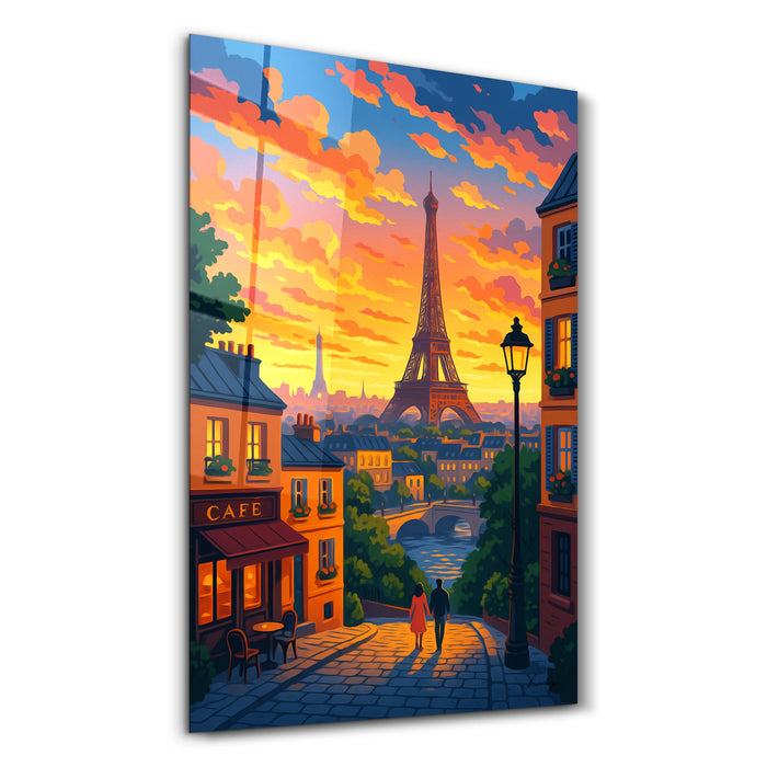 Glass wall art titled Paris Sunset by HMZ, featuring a vibrant sunset scene on clear, sleek glass for modern home decor.