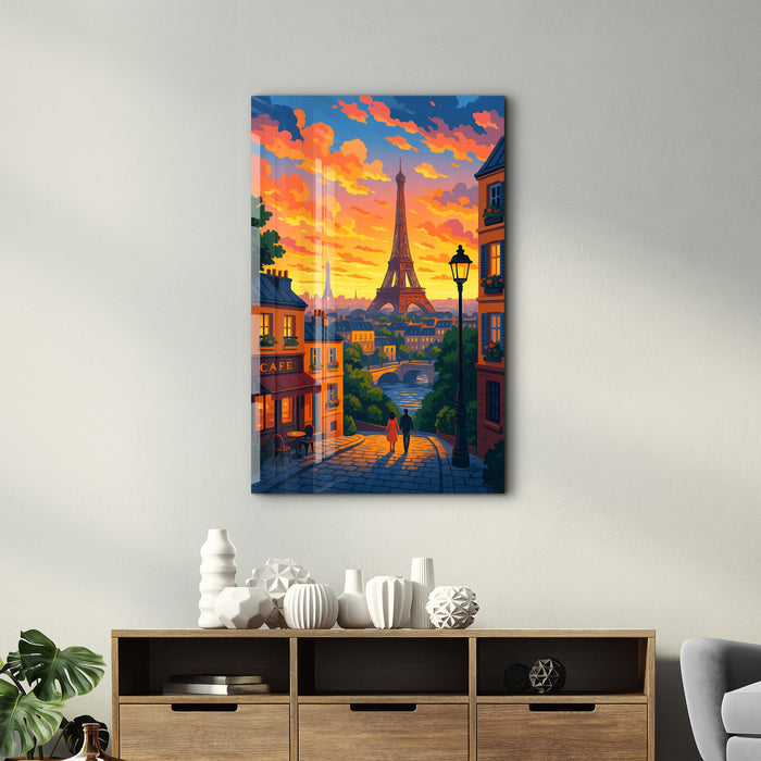 Glass wall art featuring a Paris sunset scene by HMZ, designed by Artdesigna, 16x10 inches.