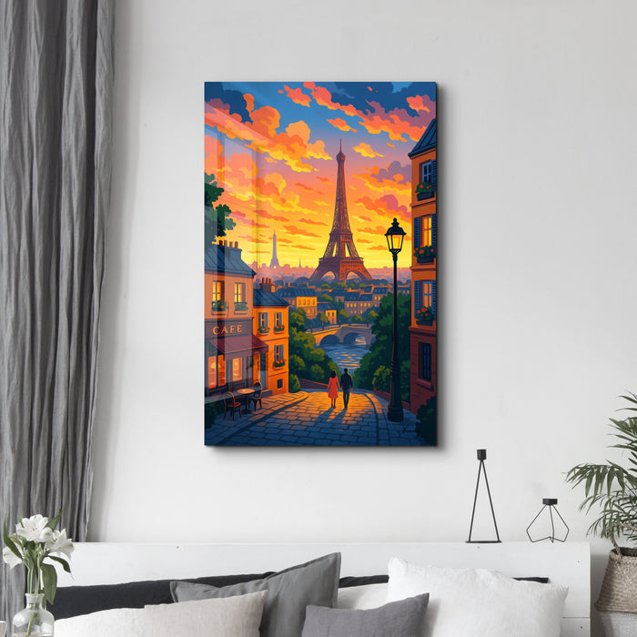 Artdesigna glass wall art featuring a Paris sunset scene, showcasing vibrant colors and scenic cityscape design.
