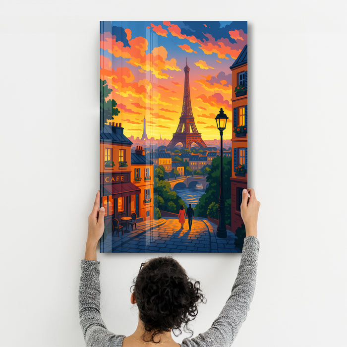 Glass wall art featuring a Paris sunset scene by HMZ, with vibrant colors and artistic glass craftsmanship.