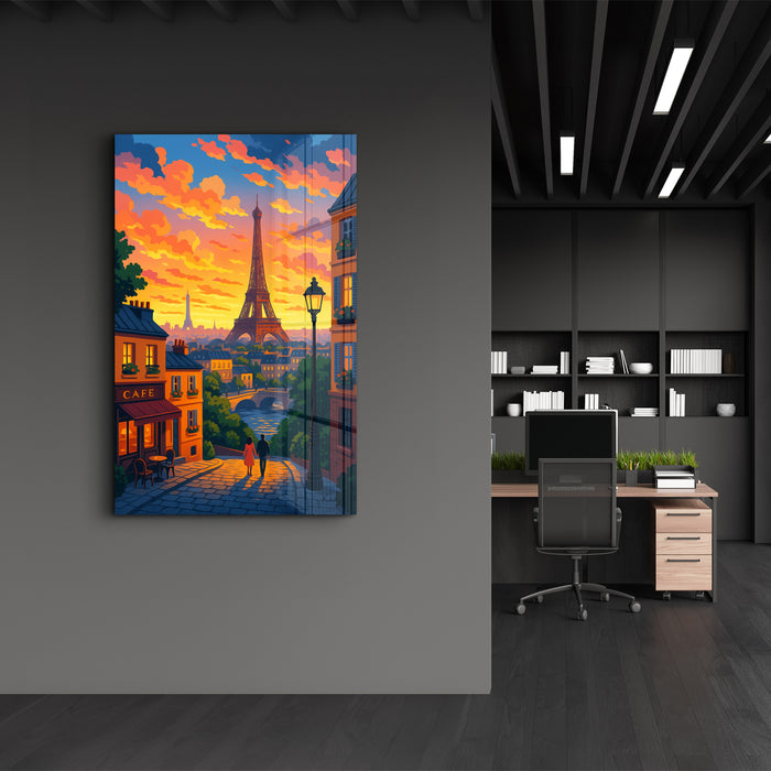 Glass wall art featuring a Paris sunset scene by HMZ, showcasing vibrant colors and a scenic cityscape design.
